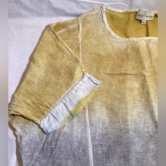 Belle France Linen Oversized Blouse Short Sleeve Pull Over Shirt Grey/Yellow L - Picture 7 of 13